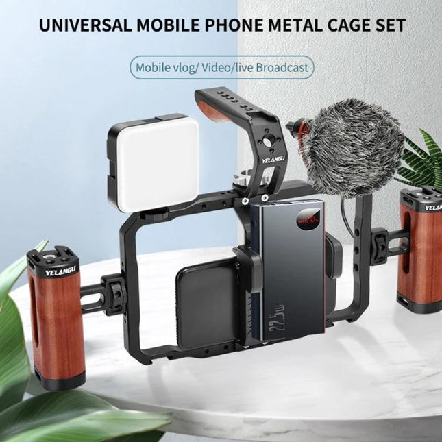 YELANGU Versatile Smartphone Video Stabilizer for Vlogging in cage rig with microphone, LED light and dual wooden handles for steady mobile vlogs