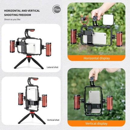 YELANGU Versatile Smartphone Video Stabilizer for Vlogging shown in cage rig with horizontal and vertical smartphone display, dual handles and tripod