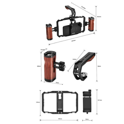 YELANGU Versatile Smartphone Video Stabilizer for Vlogging cage-style rig with dual wooden handles and measurements