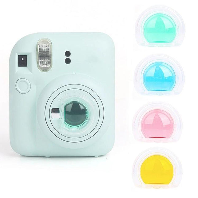 Colorful 4-in-1 Jelly Filters for Fujifilm Instax Mini 12 Camera shown on a pastel Instax Mini 12 with blue green pink and yellow filters