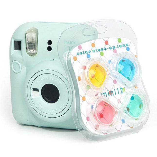 Colorful 4-in-1 Jelly Filters for Fujifilm Instax Mini 12 Camera shown attached with blue green yellow pink filters on a mint Instax Mini 12