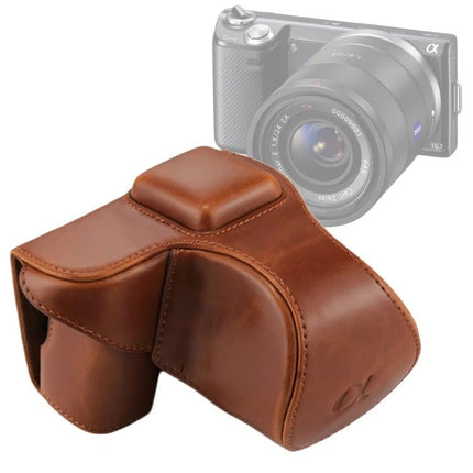 PU Leather Protective Case with Strap for Sony Cameras brown vintage-style protective camera cover with top strap and reinforced lens pocket