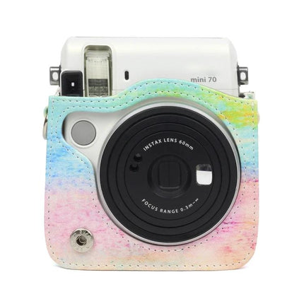 Rainbow Oil Painting Protective Case for Instax Mini 70 Camera showing pastel watercolor PU cover on white Instax Mini 70
