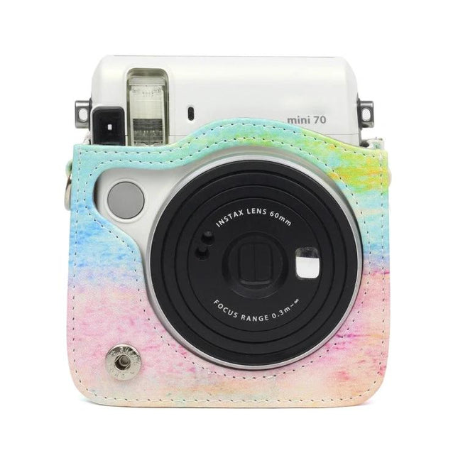 Rainbow Oil Painting Protective Case for Instax Mini 70 Camera showing pastel watercolor PU cover on white Instax Mini 70