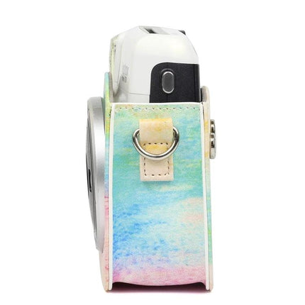Rainbow Oil Painting Protective Case for Instax Mini 70 Camera showing side view with pastel oil-painting design, PU material and metal D-ring