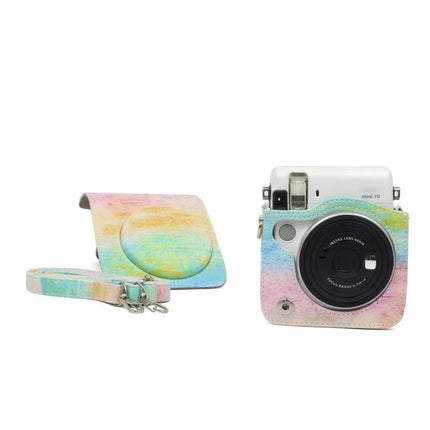 Rainbow Oil Painting Protective Case for Instax Mini 70 Camera showing pastel rainbow oil painting PU case with detachable strap protecting Instax Mini 70