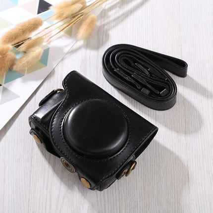 Protective PU Leather Full Body Camera Case with Adjustable Strap for Daily Use - black full-body camera case with detachable strap