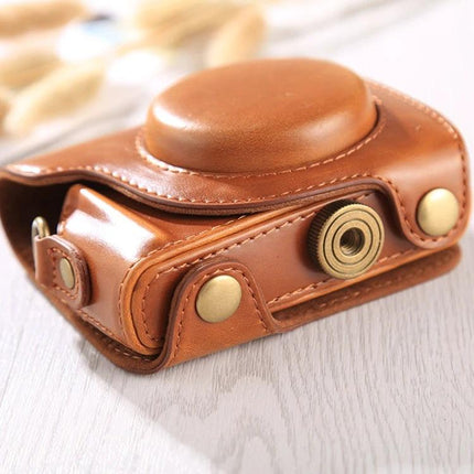 Protective PU Leather Full Body Camera Case with Adjustable Strap for Daily Use - brown PU leather compact camera case with brass snaps