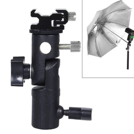 Versatile E-Type Bracket for Camera Flash and Umbrella Mounting — adjustable aluminum alloy flash and umbrella mount on light stand