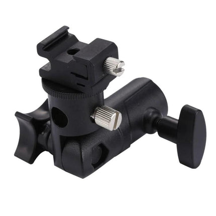 Versatile E-Type Bracket for Camera Flash and Umbrella Mounting - black aluminum alloy flash and umbrella mount with adjustable tilt and locking knobs