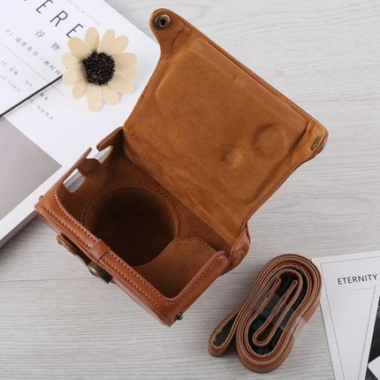 PU Leather Camera Case with Strap for Fujifilm X100F Protection - brown open case showing interior and detachable strap