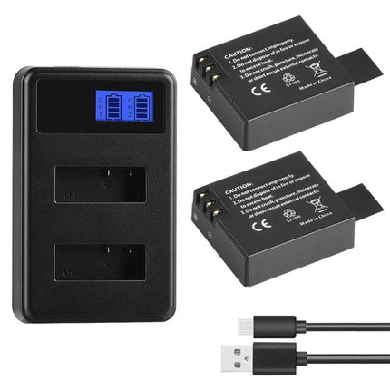 SJCAM Dual Battery Charger with LCD Charging Capacity Display showing dual slots, LCD status screen, two batteries and USB cable