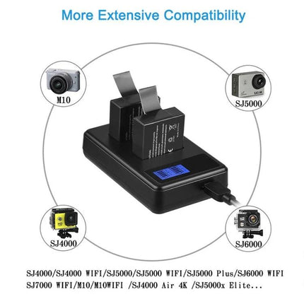 SJCAM Dual Battery Charger with LCD Charging Capacity Display showing two batteries charging and LCD status for action camera users