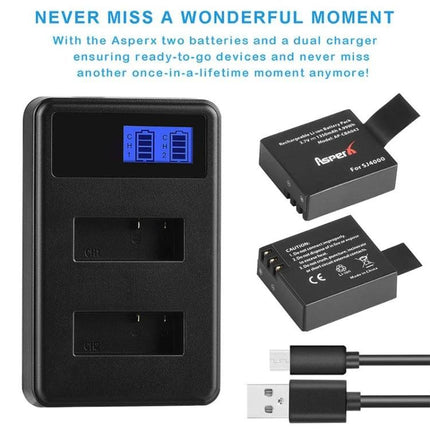 SJCAM Dual Battery Charger with LCD Charging Capacity Display showing charger, two batteries and USB cable with LCD charge icons
