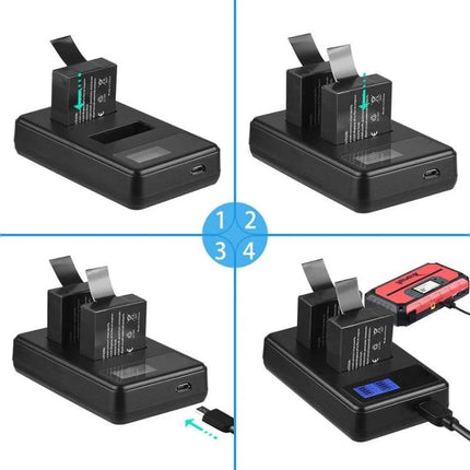 SJCAM Dual Battery Charger with LCD Charging Capacity Display showing two batteries in multiple views and LCD status