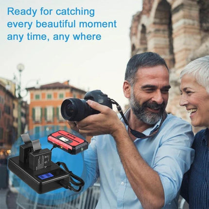SJCAM Dual Battery Charger with LCD Charging Capacity Display shown with dual batteries and LCD status, ideal for outdoor photographers