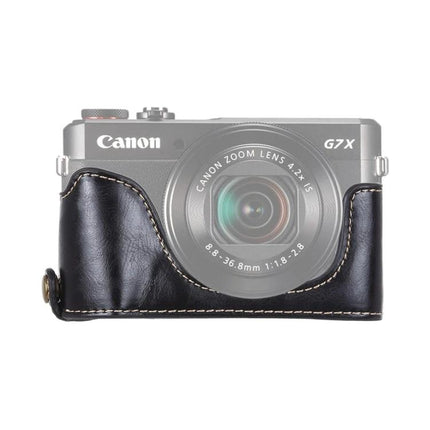 PU Leather Half Case for Canon G7 X Mark II with Tripod Thread shown on camera for travel protection and tripod mounting