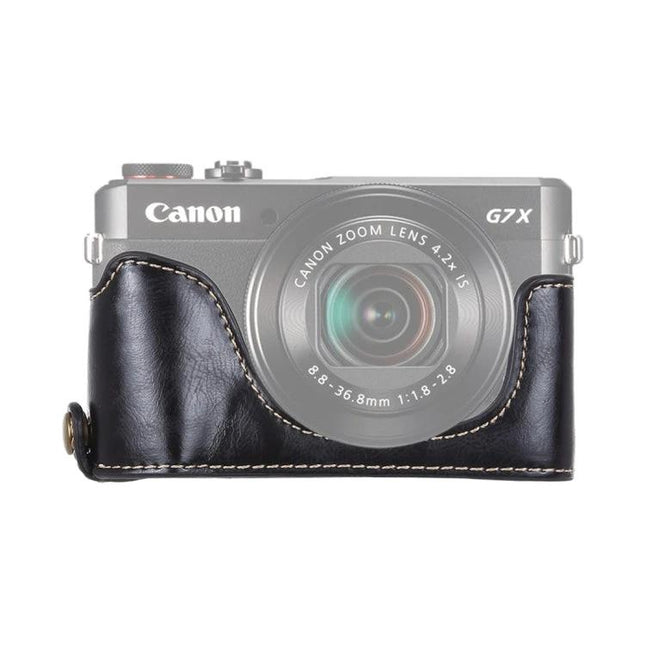 PU Leather Half Case for Canon G7 X Mark II with Tripod Thread – black protective half case fitted on camera, stitched PU leather with tripod thread