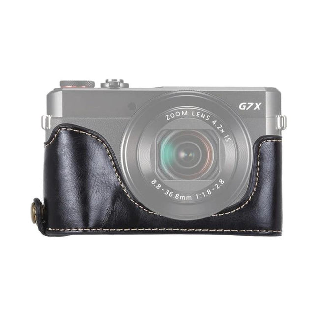 PU Leather Half Case for Canon G7 X Mark II with Tripod Thread - black protective half body case with tripod socket