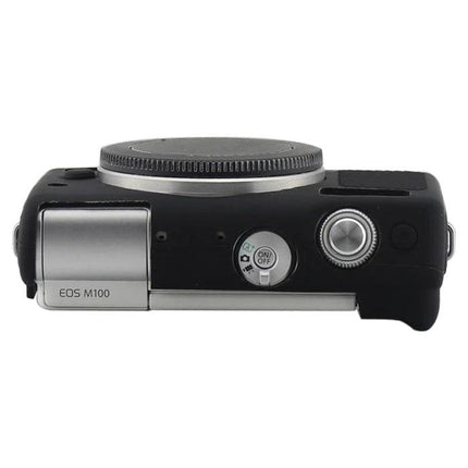 Soft Silicone Protective Case for Canon EOS M100 Camera fitted on camera body, black silicone cover protecting controls and body