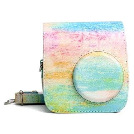 Rainbow Pattern PU Leather Protective Case for Fujifilm Instax Mini 7S/7C shown in pastel watercolor design with strap and lens cover