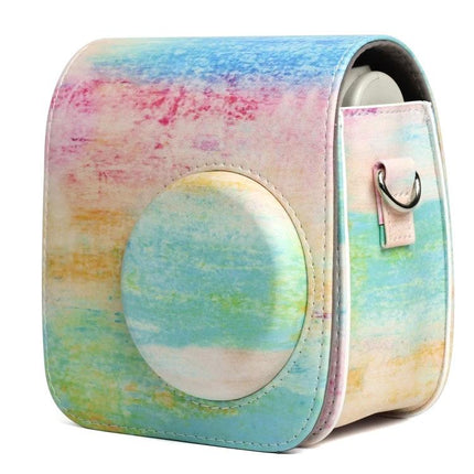 Rainbow Pattern PU Leather Protective Case for Fujifilm Instax Mini 7S/7C in pastel watercolor design with easy-access lens cover and strap loop
