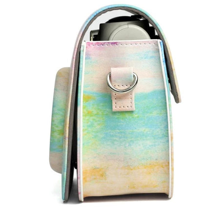 Rainbow Pattern PU Leather Protective Case for Fujifilm Instax Mini 7S/7C showing pastel rainbow side view with clasp and camera inside