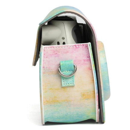 Rainbow Pattern PU Leather Protective Case for Fujifilm Instax Mini 7S/7C showing side view with pastel rainbow pattern, secure strap and camera inside