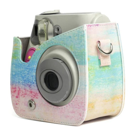 Rainbow Pattern PU Leather Protective Case for Fujifilm Instax Mini 7S/7C — pastel rainbow PU leather camera case with lens access and strap ring