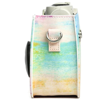 Rainbow Pattern PU Leather Protective Case for Fujifilm Instax Mini 7S/7C - pastel watercolor side view with strap ring