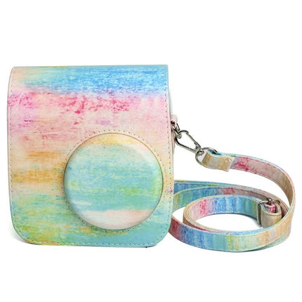 Rainbow Pattern PU Leather Protective Case for Fujifilm Instax Mini 7S/7C shown in pastel watercolor design with removable strap and front lens cover
