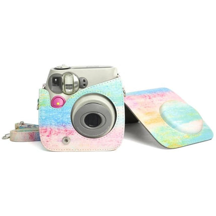 Rainbow Pattern PU Leather Protective Case for Fujifilm Instax Mini 7S/7C showing camera in pastel rainbow cover with lens access and detachable flap