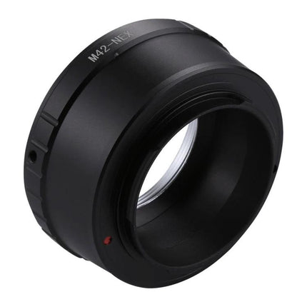 Lens Adapter for Connecting M42 Lenses to Sony NEX Cameras black M42-to-NEX mount adapter showing interior and mount alignment mark