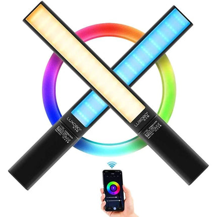 LUXCeO P6 Handheld RGB LED Light for Photography showing two lights with app color control and RGB ring
