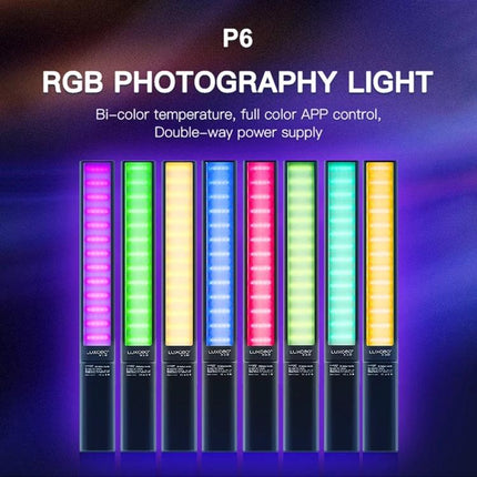LUXCeO P6 Handheld RGB LED Light for Photography showing multiple colored LED tubes with Bluetooth app control and bi-color temperature features