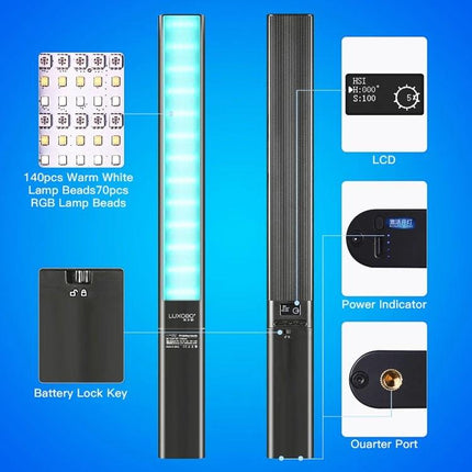 LUXCeO P6 Handheld RGB LED Light for Photography showing lamp beads, LCD, power indicator, battery lock and quarter port