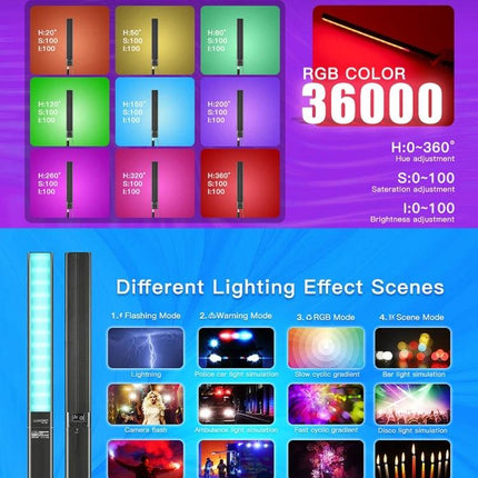 LUXCeO P6 Handheld RGB LED Light for Photography showing adjustable colors, lighting effects, Bluetooth app control and various scene modes