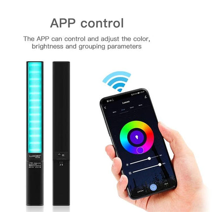 LUXCeO P6 Handheld RGB LED Light for Photography showing Bluetooth app control color wheel and brightness sliders