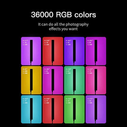 LUXCeO P6 Handheld RGB LED Light for Photography showing 36000 RGB colors and color swatches with handheld light silhouette