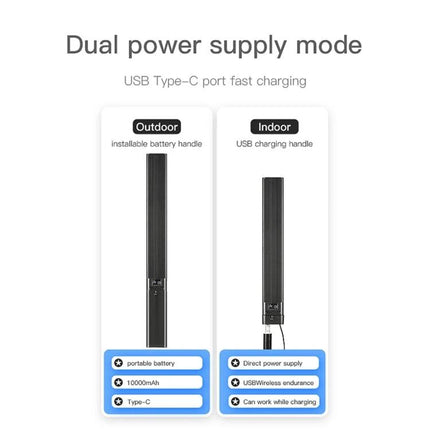 LUXCeO P6 Handheld RGB LED Light for Photography showing dual power supply modes with portable battery and USB Type-C charging