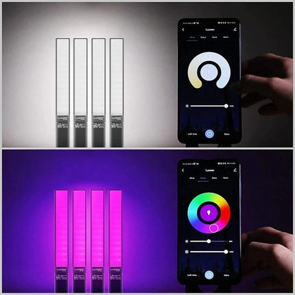 LUXCeO P6 Handheld RGB LED Light for Photography showing app color wheel and adjustable brightness for white and magenta lighting
