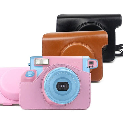 Vintage PU Leather Case for Polaroid W300 Instant Camera with Strap in pink, brown and black showing camera fit and adjustable strap