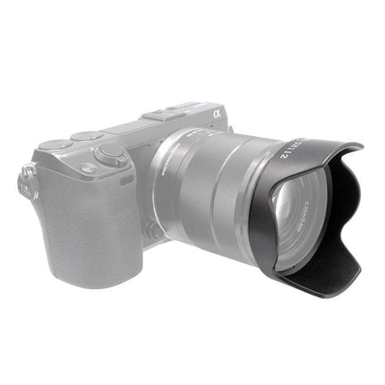 Sony Lens Hood Shade for Everyday Photography Protection — black PVC hood on Sony E18-55mm F3.5-5.6 camera, blocks flare and shields lens