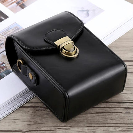PU Leather Protective Case for Cameras with Hand Straps showing black compact camera case with secure clasp and side hand strap