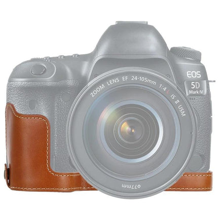 Protective PU Leather Half Case with Thread for Canon Cameras shown on Canon EOS camera in brown PU leather