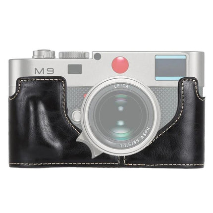 PU Leather Half Case for Leica M9 Cameras with Secure Thread fitted on silver Leica M9 front, black stitched protective half case
