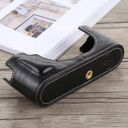 Durable PU Leather Half Case for Digital Camera Protection – black stitched half case protecting camera base and controls