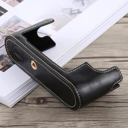 Durable PU Leather Half Case for Digital Camera Protection — black stitched half-case protecting camera body while allowing access to controls
