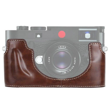 Durable PU Leather Half Case for Digital Camera Protection - brown stitched half-case on mirrorless camera