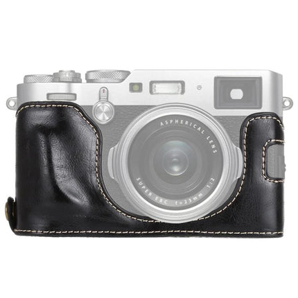 Protective PU Leather Half Case for Fujifilm X100F Camera Protection black half-case shown on camera, durable PU leather, easy access controls